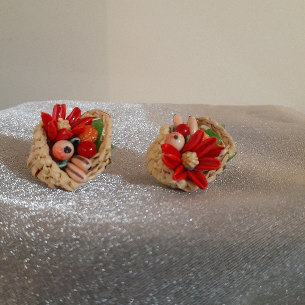 Vintage Rattan Fruit and Flower Clip Earrings 1940's